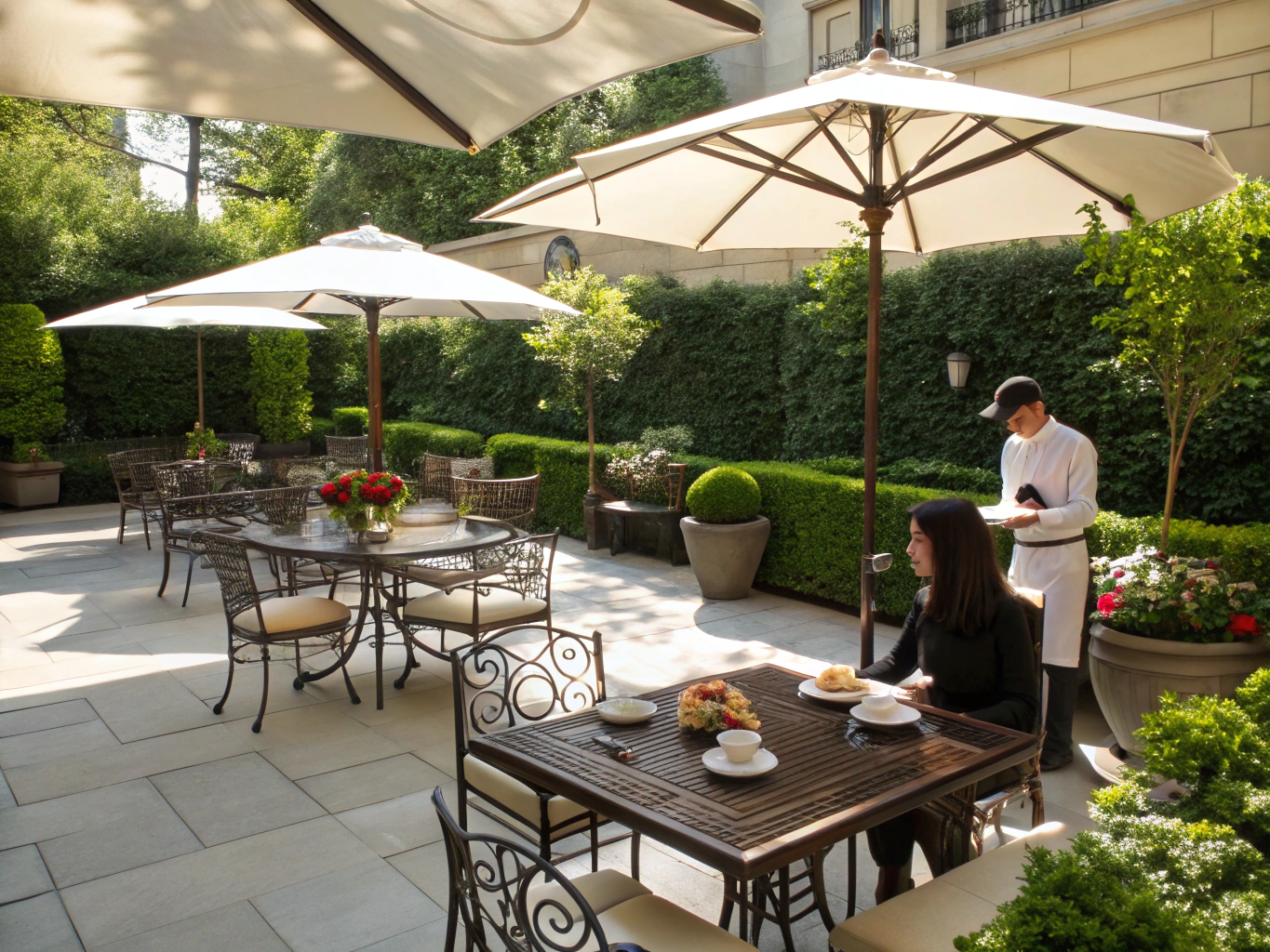 People sharing coffee and pastries at an outdoor cafe bench on a bright morning