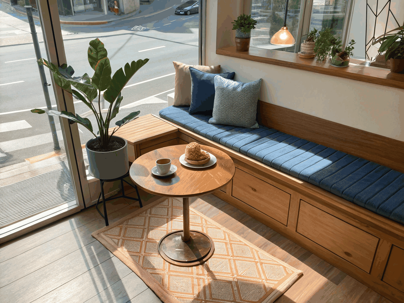 Cozy sunlit window bench in cafe with linen cushions and ceramic latte cup