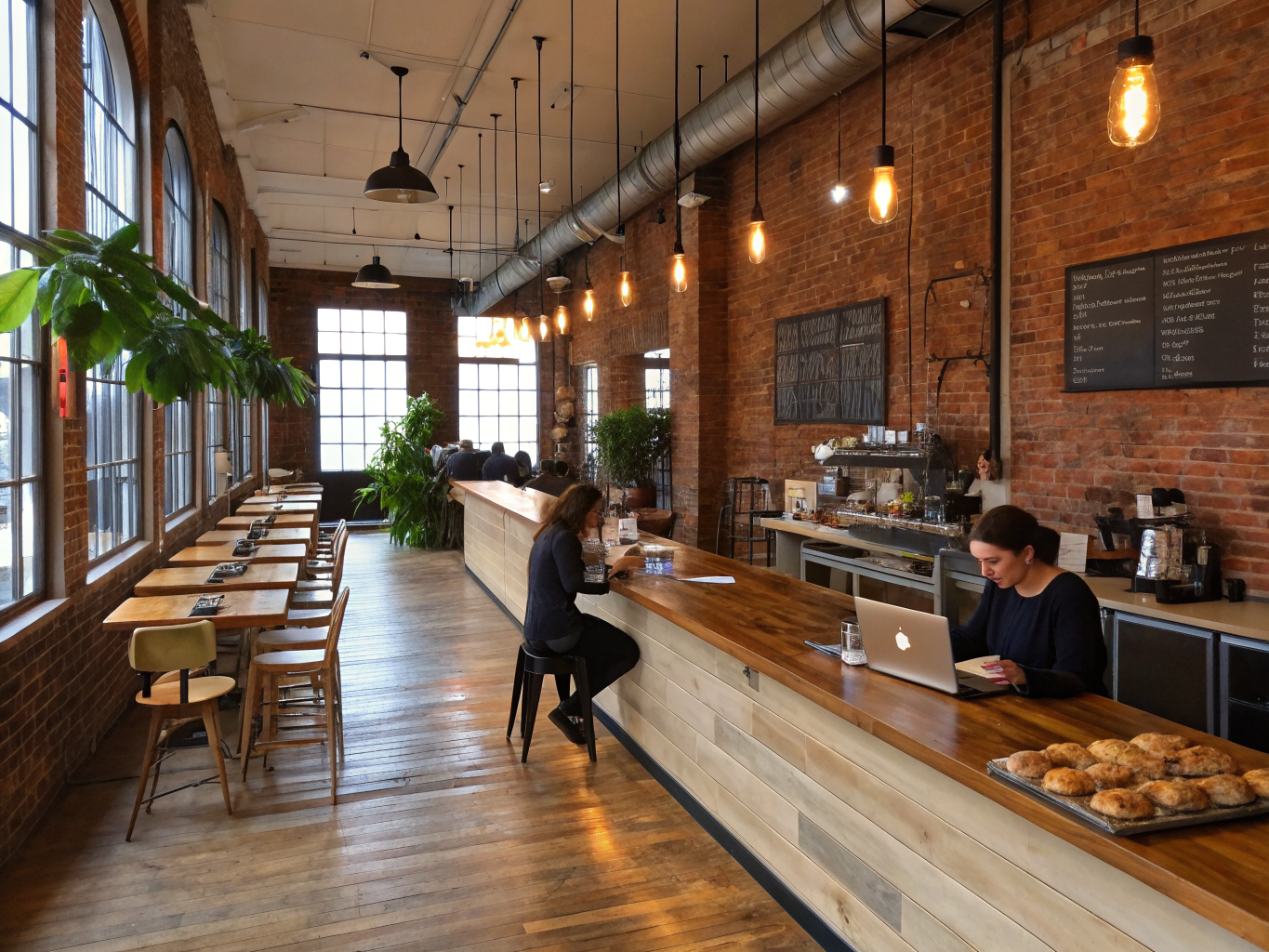 Bright coffee shop communal table with laptops, fresh coffee cups, and warm morning sun