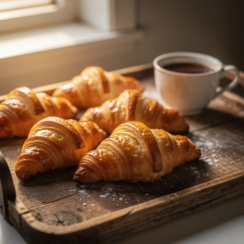 Freshly baked golden pastries on a wooden baker board