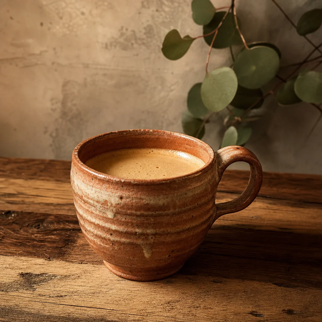 Handcrafted ceramic coffee cups and saucers resting on a rustic wooden tabletop