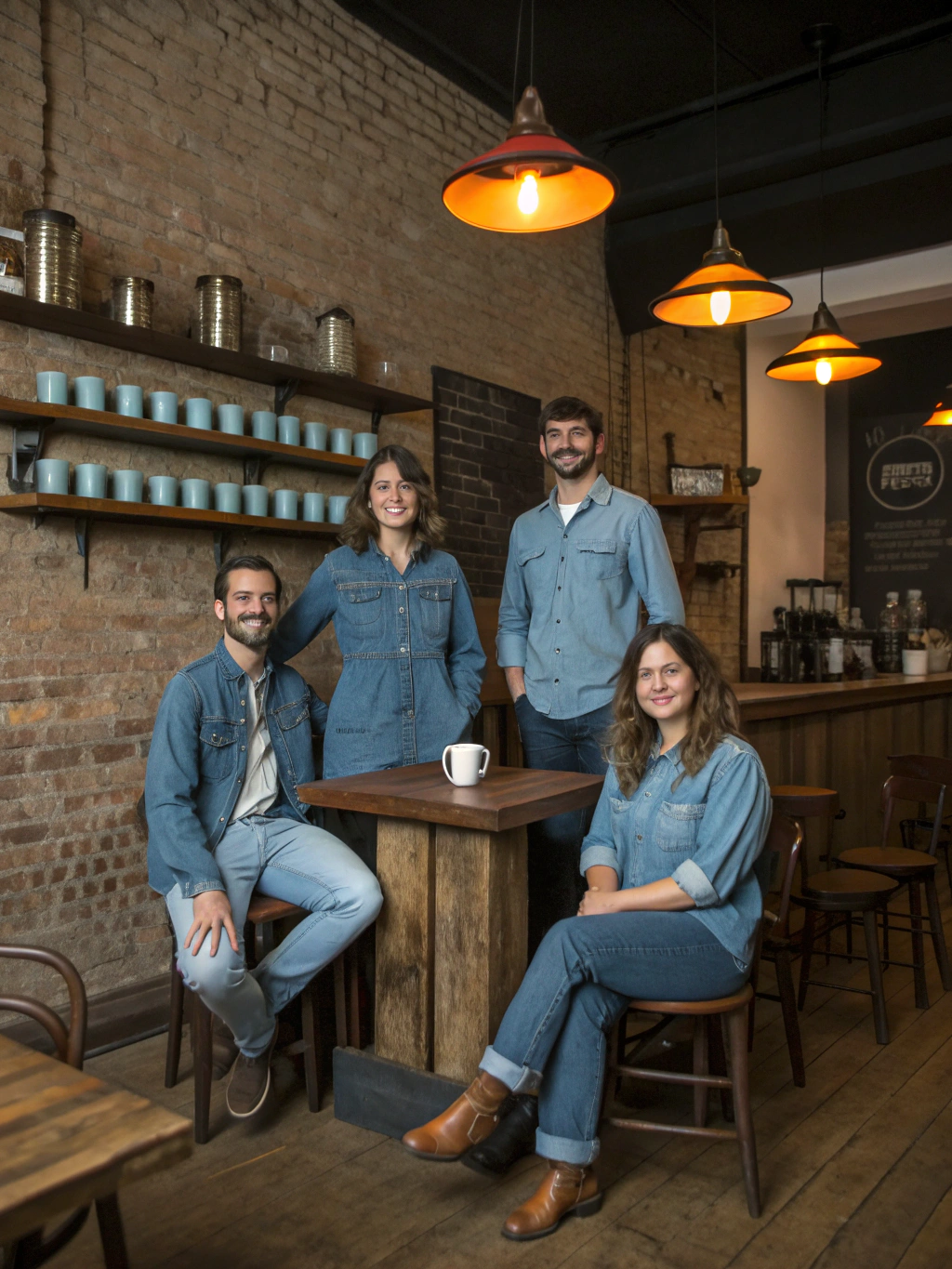 Locals seated around a wooden communal table chatting with coffee cups in hand