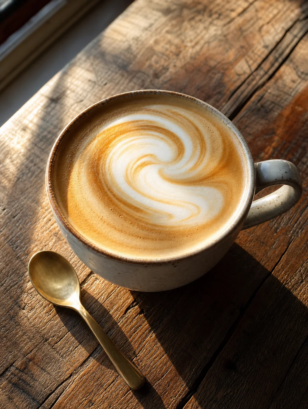 Barista pouring latte art into a ceramic cup in warm morning sunlight