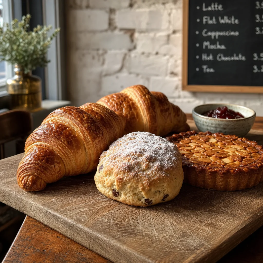 Display of golden fresh baked croissants and pastries on a wooden tray