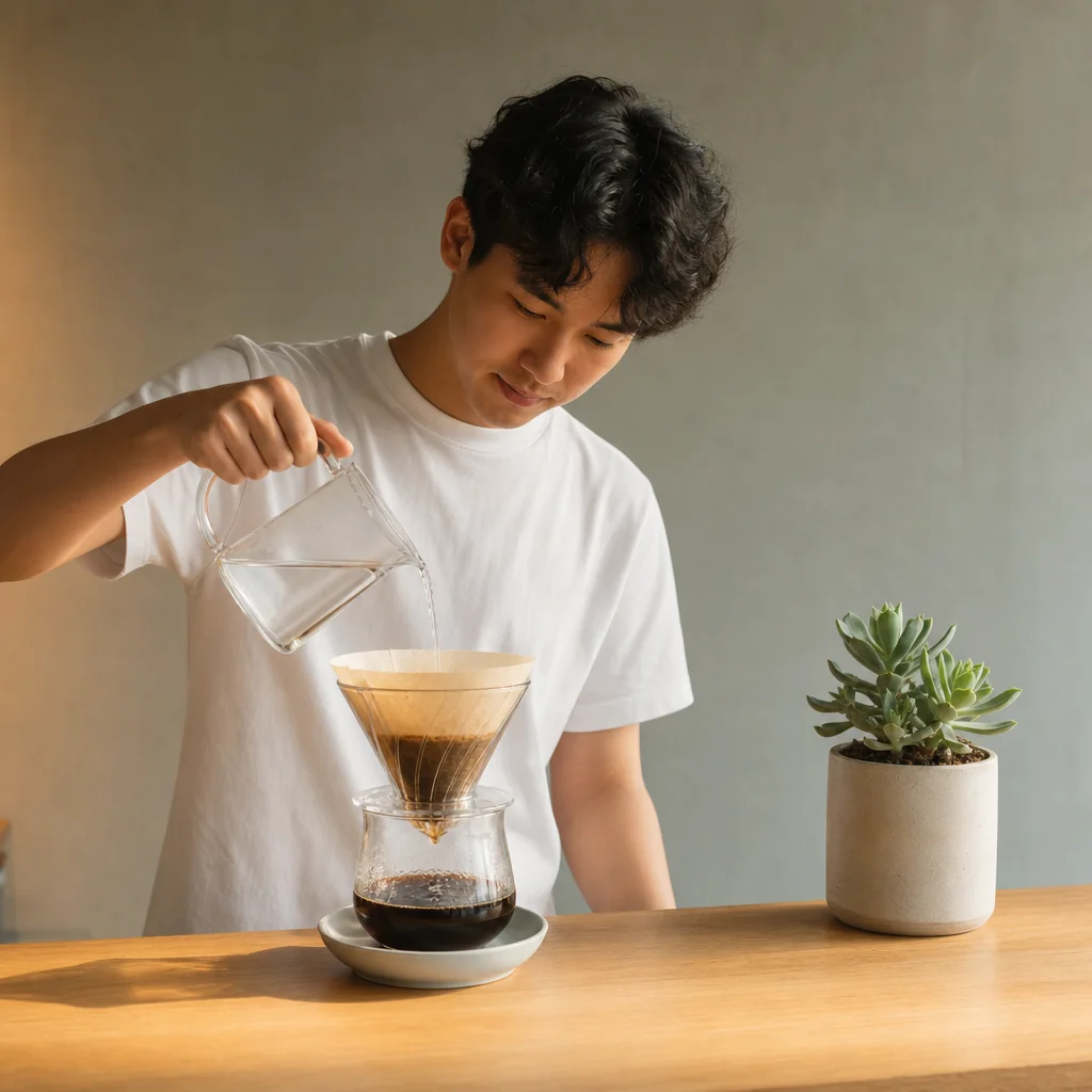 Barista preparing a single origin pour-over coffee with a gooseneck kettle