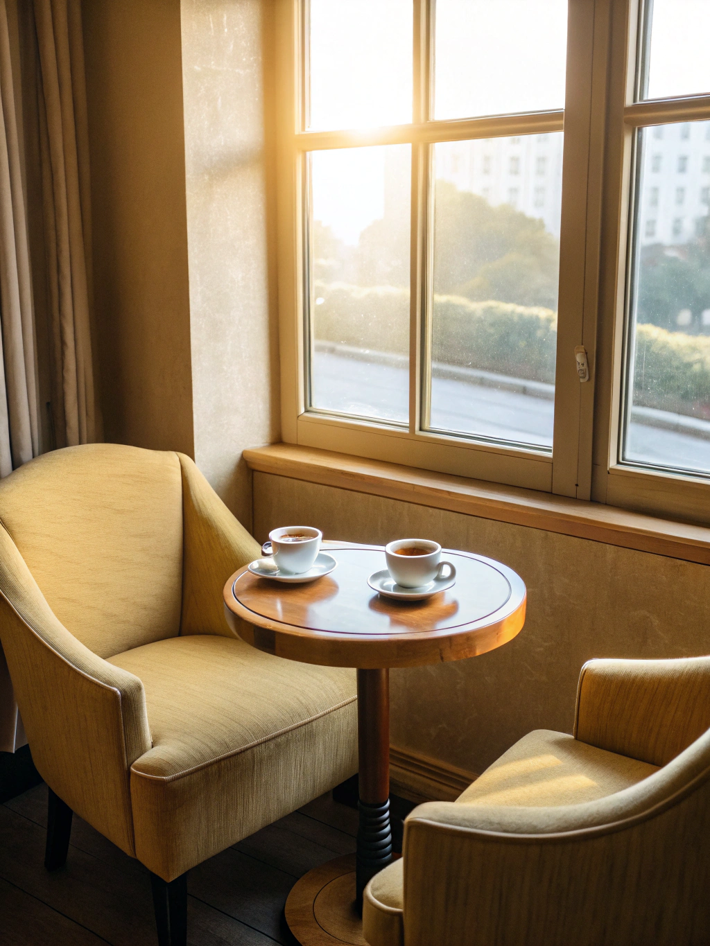 Warm wooden window bench with cushions illuminated by soft morning sunlight