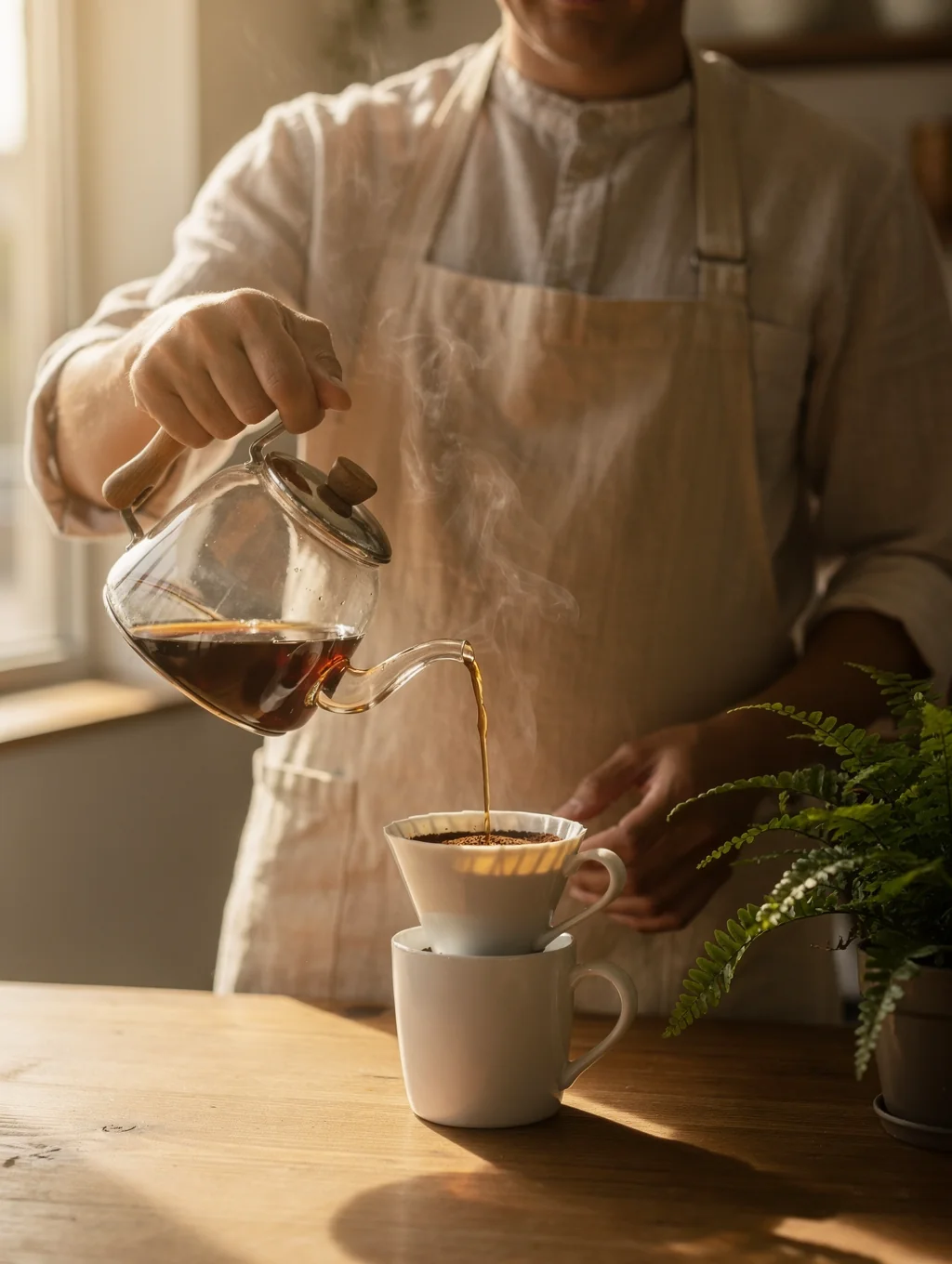 Barista brewing artisan pour over coffee in sunlit cafe